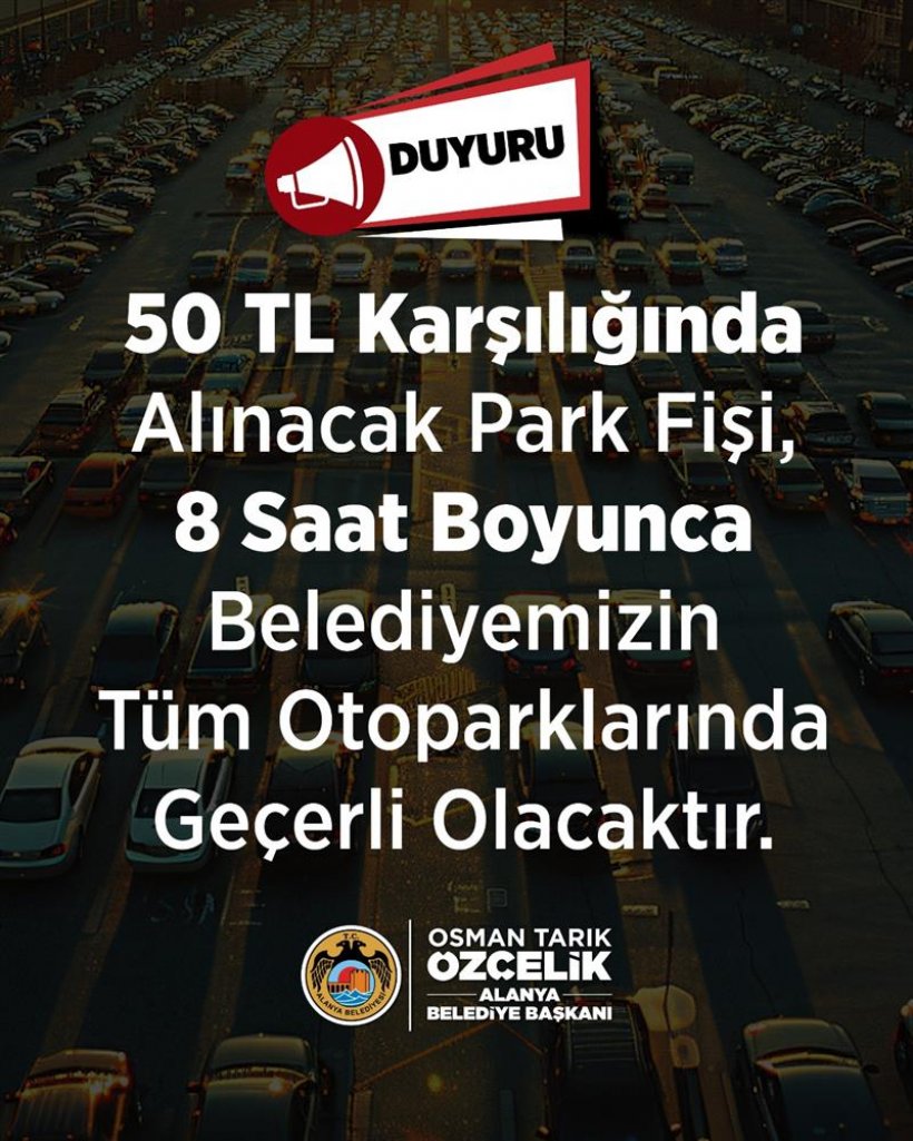 Belediye ait tüm otoparklarda 8 saat için tek ücret